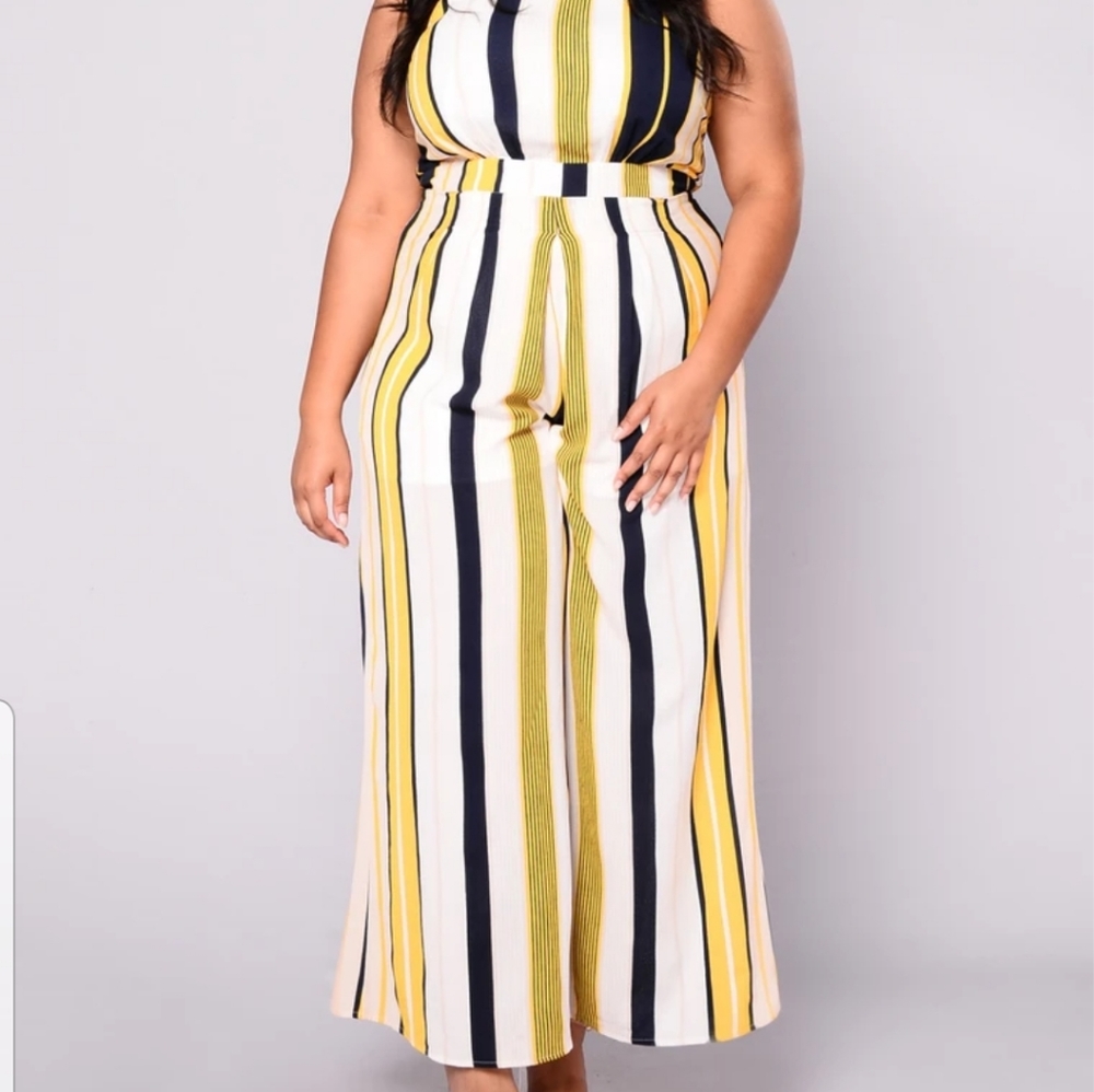 Wide Leg Fashion Nova Yellow White & Navy Jumpsuit